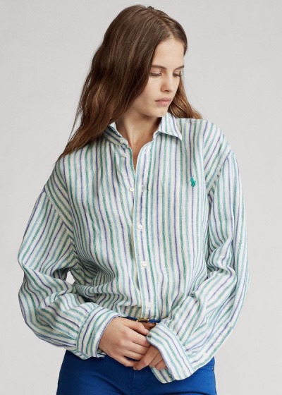 Camisa Polo Ralph Lauren Mujer Azules Verdes / Blancos - Striped Linen - XEKBP3015